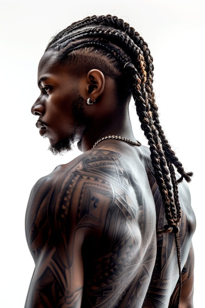 A man with long braids, wearing earrings and a chain, poses shirtless to display intricate tattoos on his back and shoulders against a white background.