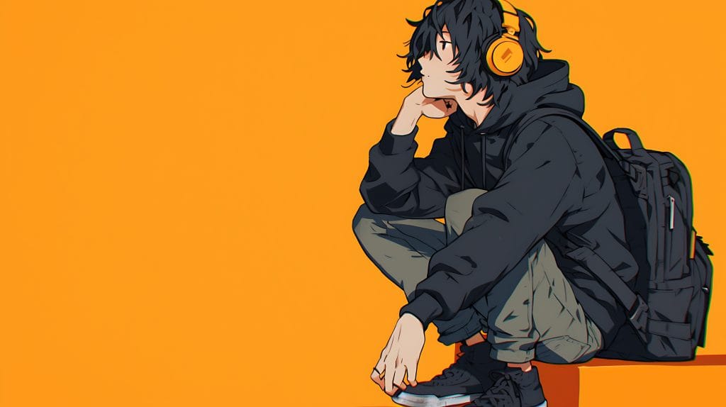 Anime-style teenager with black hair, orange headphones, a black hoodie, and a backpack, sitting thoughtfully against an orange background. Subtle manga tattoos on their arm hint at trending tattoo styles inspired by Anime tattoos.
