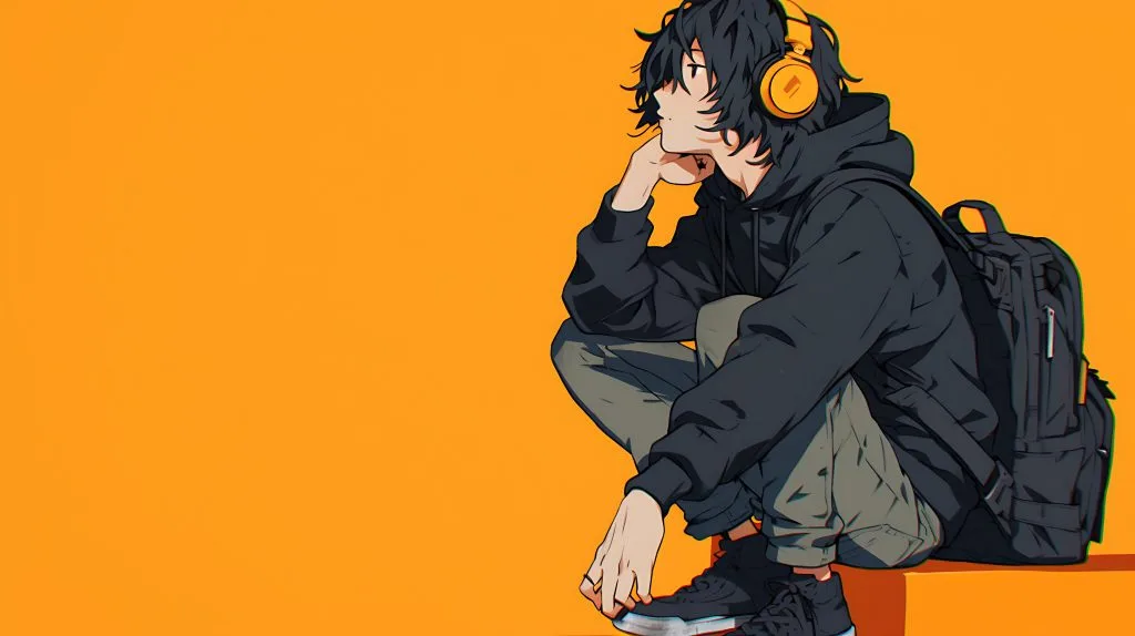 Anime-style teenager with black hair, orange headphones, a black hoodie, and a backpack, sitting thoughtfully against an orange background. Subtle manga tattoos on their arm hint at trending tattoo styles inspired by Anime tattoos.