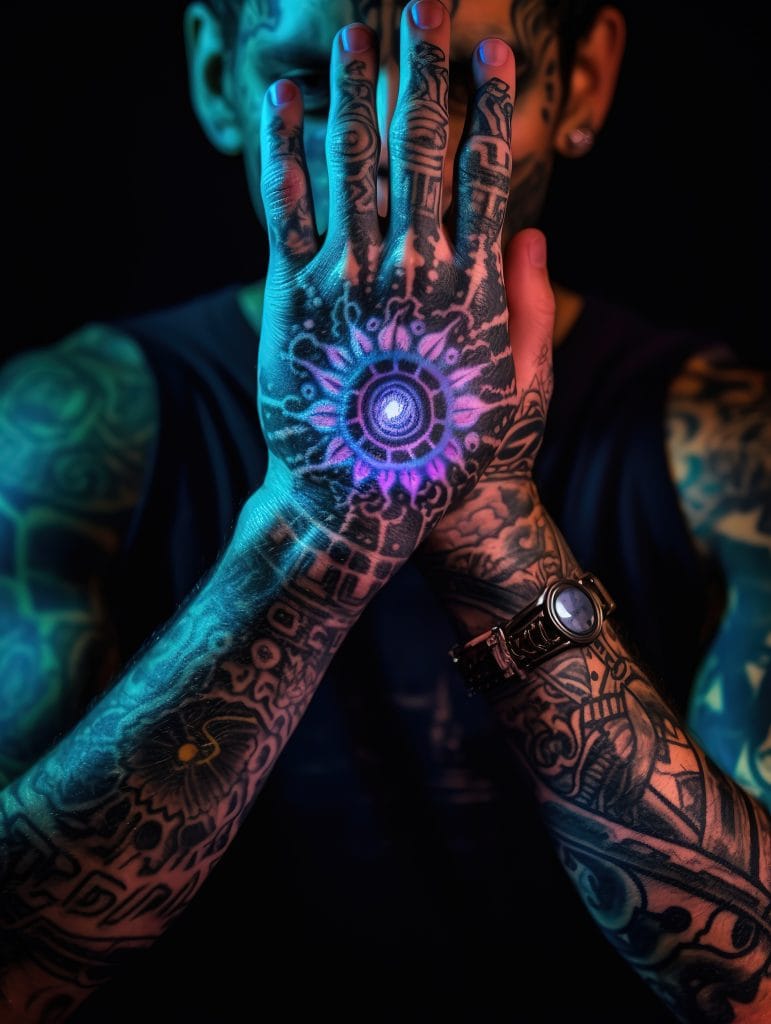 A person with extensive black tattoos on their arms and hands covers their face, revealing neon blue and purple light centered on the back of one hand—hinting at hidden UV-Reactive Tattoos glowing under blacklight.