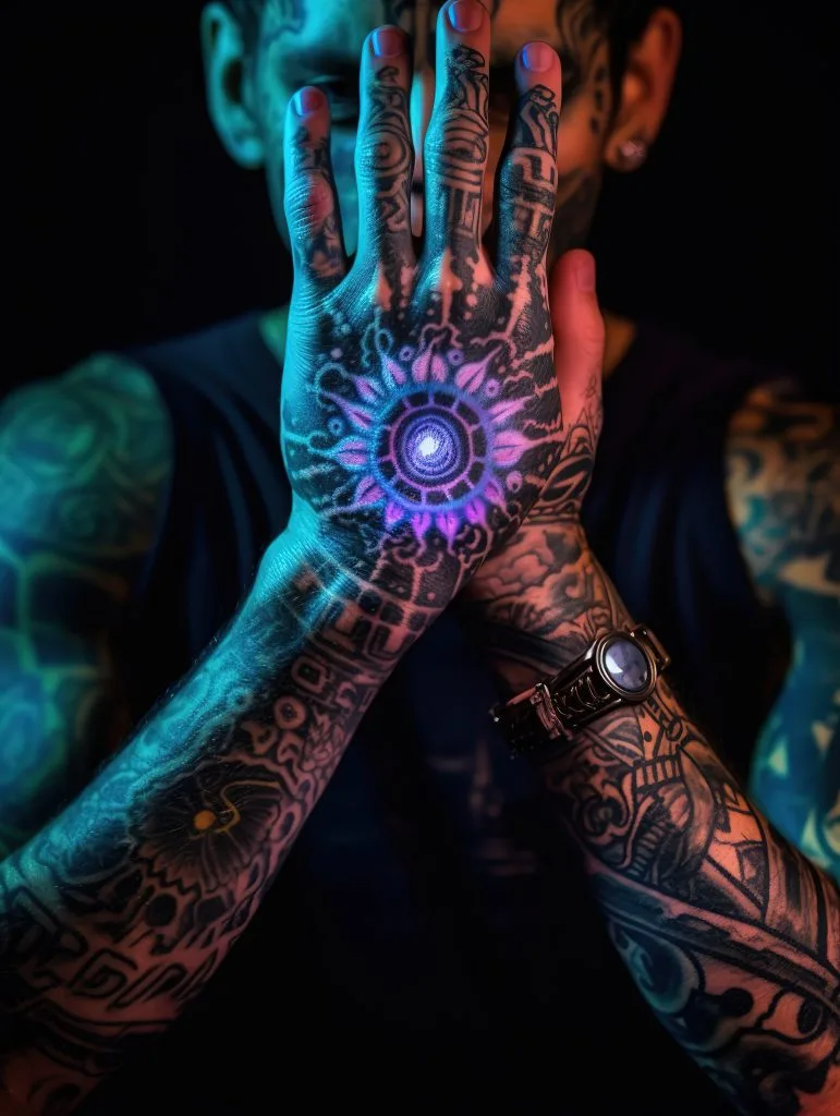 A person with extensive black tattoos on their arms and hands covers their face, revealing neon blue and purple light centered on the back of one hand—hinting at hidden UV-Reactive Tattoos glowing under blacklight.