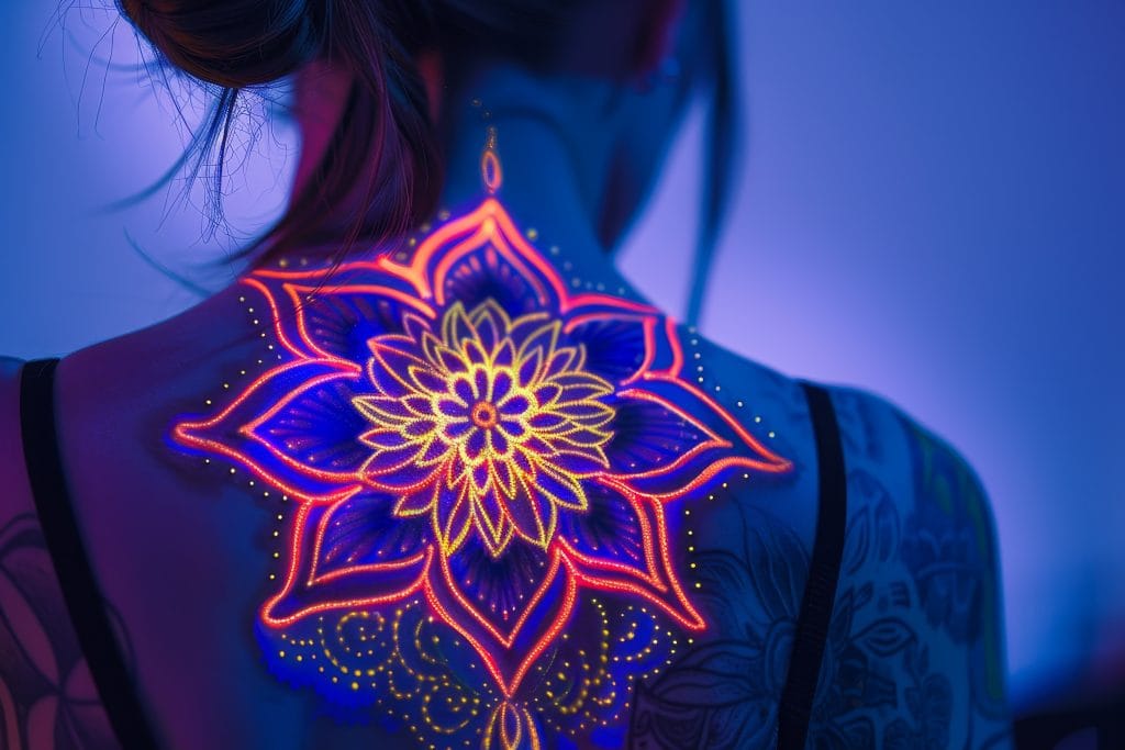 A person with a large, glowing mandala-style UV-Reactive Tattoo on their upper back under UV light, surrounded by blue and purple lighting.