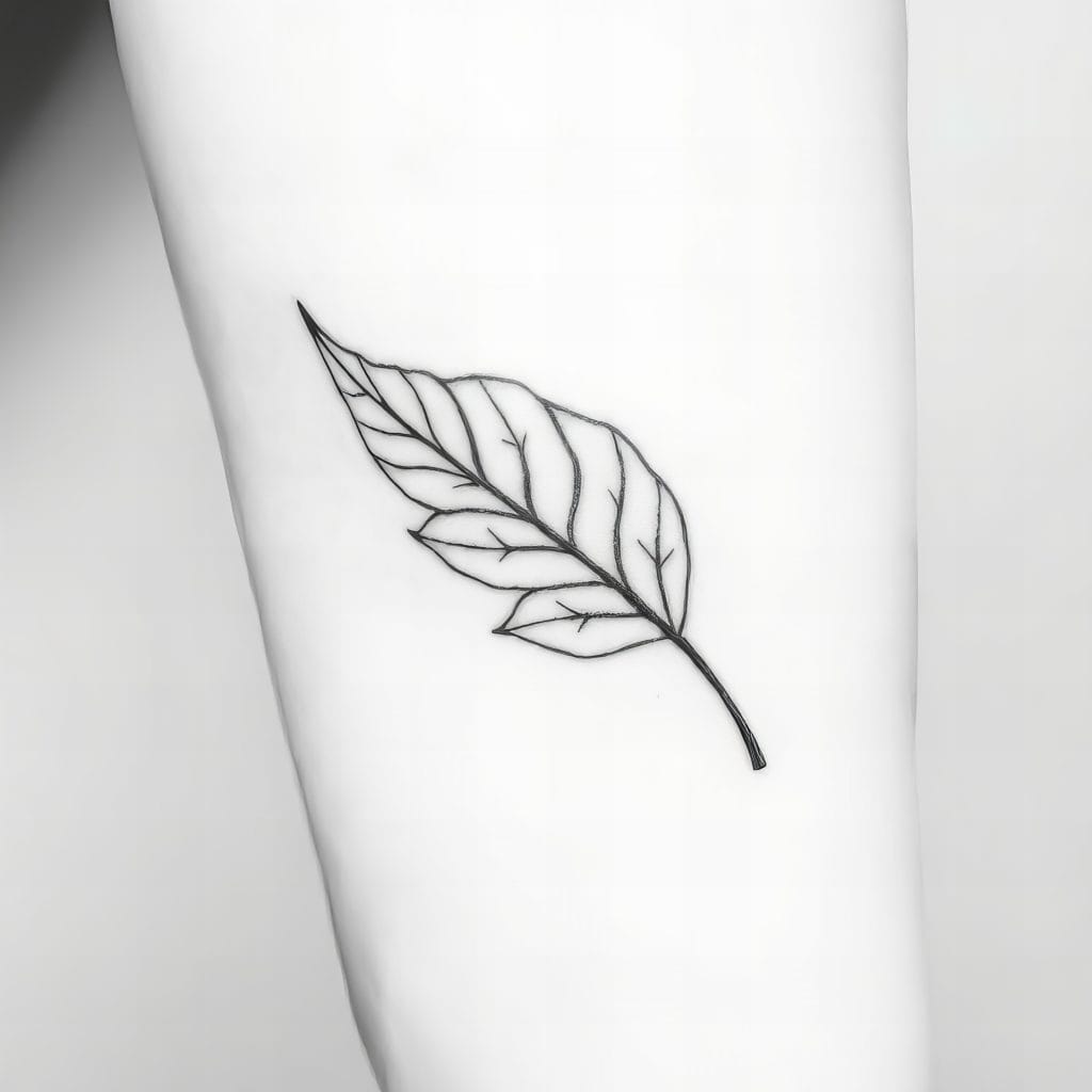 A simple black outline leaf with visible veins is inked on a person's inner forearm, showcasing the delicate artistry of fine-line micro tattoos.
