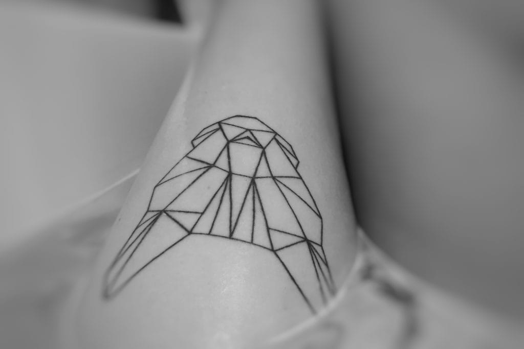 Black geometric line tattoo of a walrus on the upper arm, shown in close-up with a blurred background. This design showcases the precision of fine-line micro tattoos for a subtle and long-lasting tattoo result.