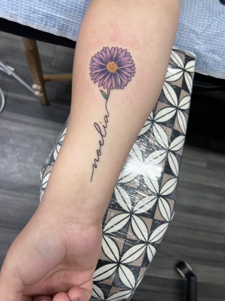 Purple daisy with green leaf, connected to the word nobleia in cursive script.