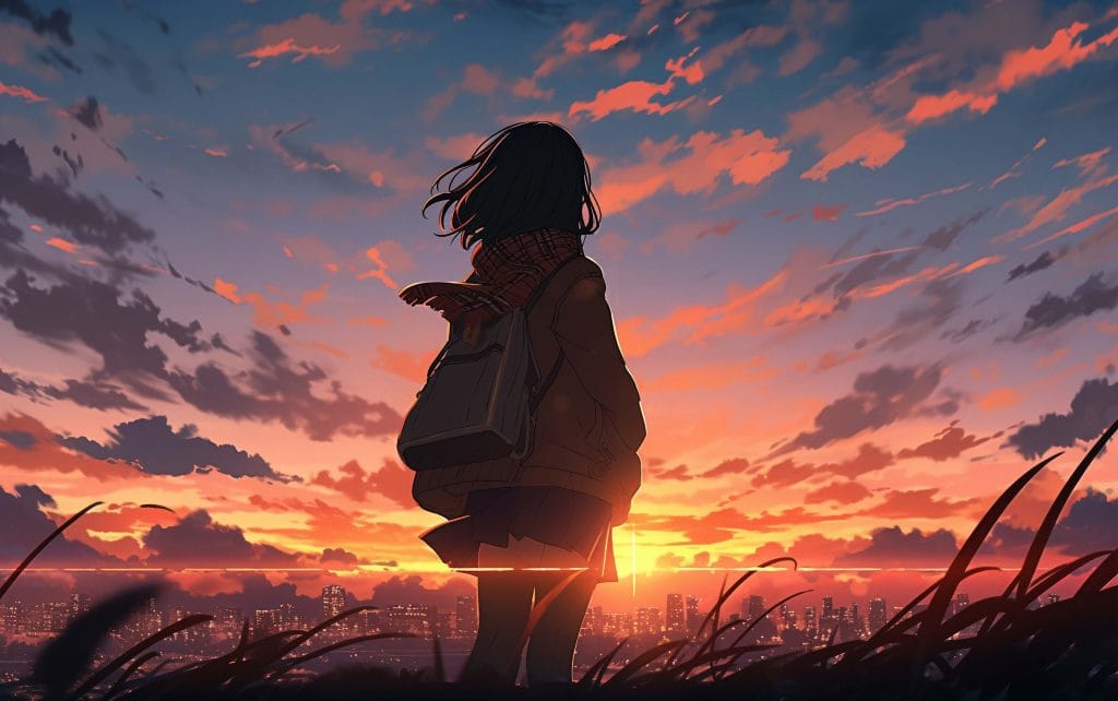 A person with a backpack stands in tall grass, facing a city skyline at sunset under a dramatic sky—perfect inspiration for trending tattoos 2025 and bold anime tattoo styles.