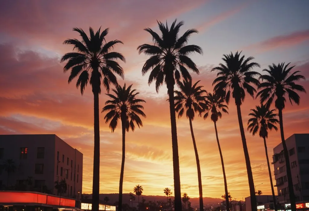 Tall palm trees silhouetted against a colorful sunset sky, with low-rise buildings on either side and hills in the distance, evoke the vibrant spirit of San Diego tattoo culture and its landmark artists.