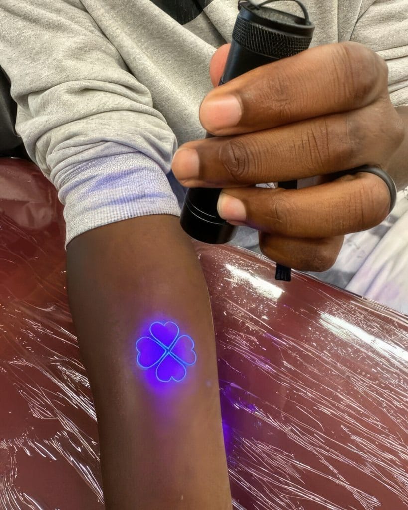 Persons forearm with a glowing four-leaf clover tattoo illuminated by a black flashlight.