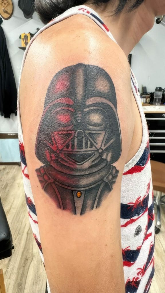 Tattoo of Darth Vaders helmet on upper arm, in black and gray with red highlights.