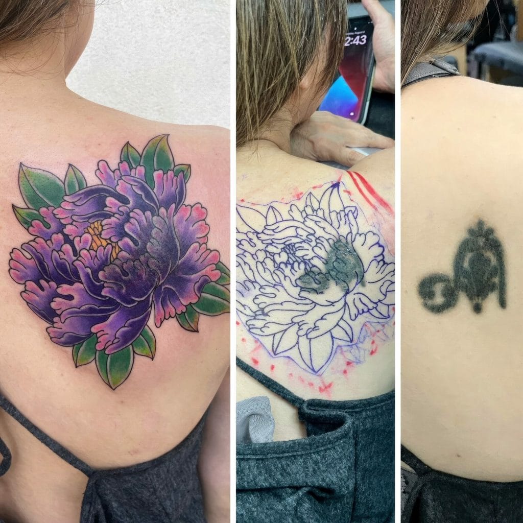 Progression of a floral tattoo from sketch to finished black ink design on persons shoulder.