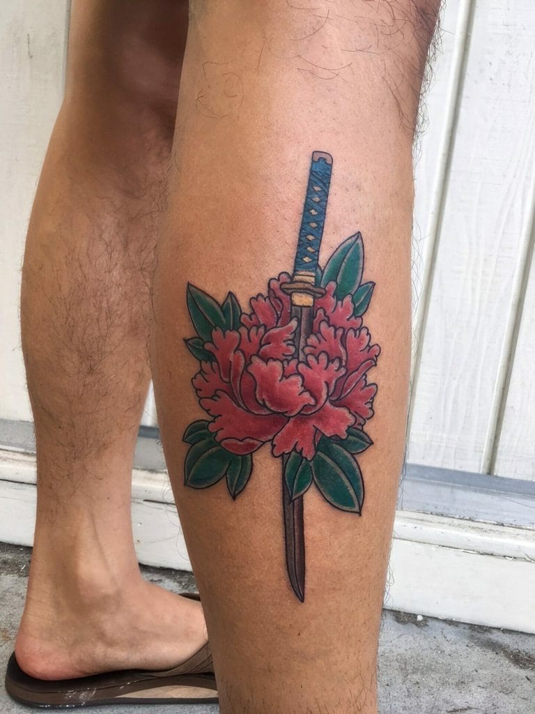 Pink peony flower with green leaves and a blue and gold katana sword piercing through it.