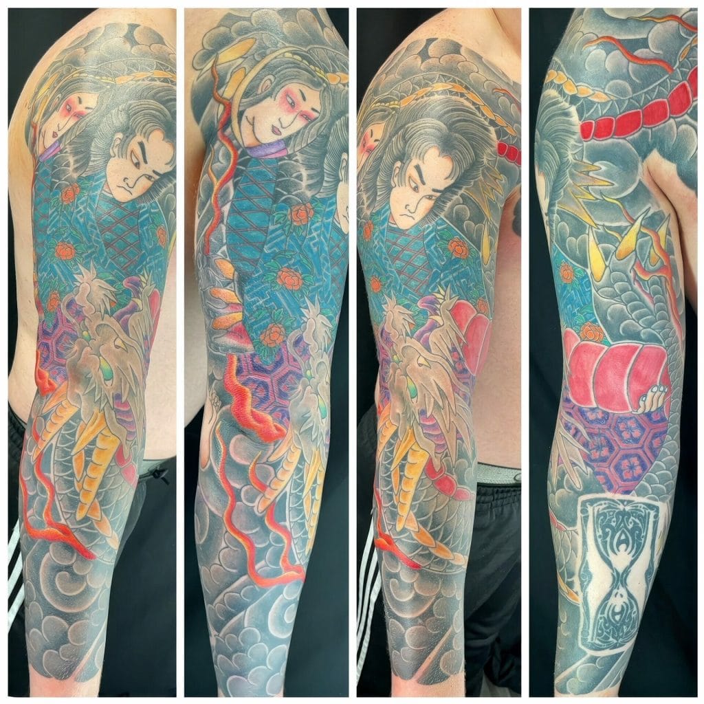 Colorful Japanese-style sleeve tattoo featuring a woman, dragons, clouds, and geometric patterns.