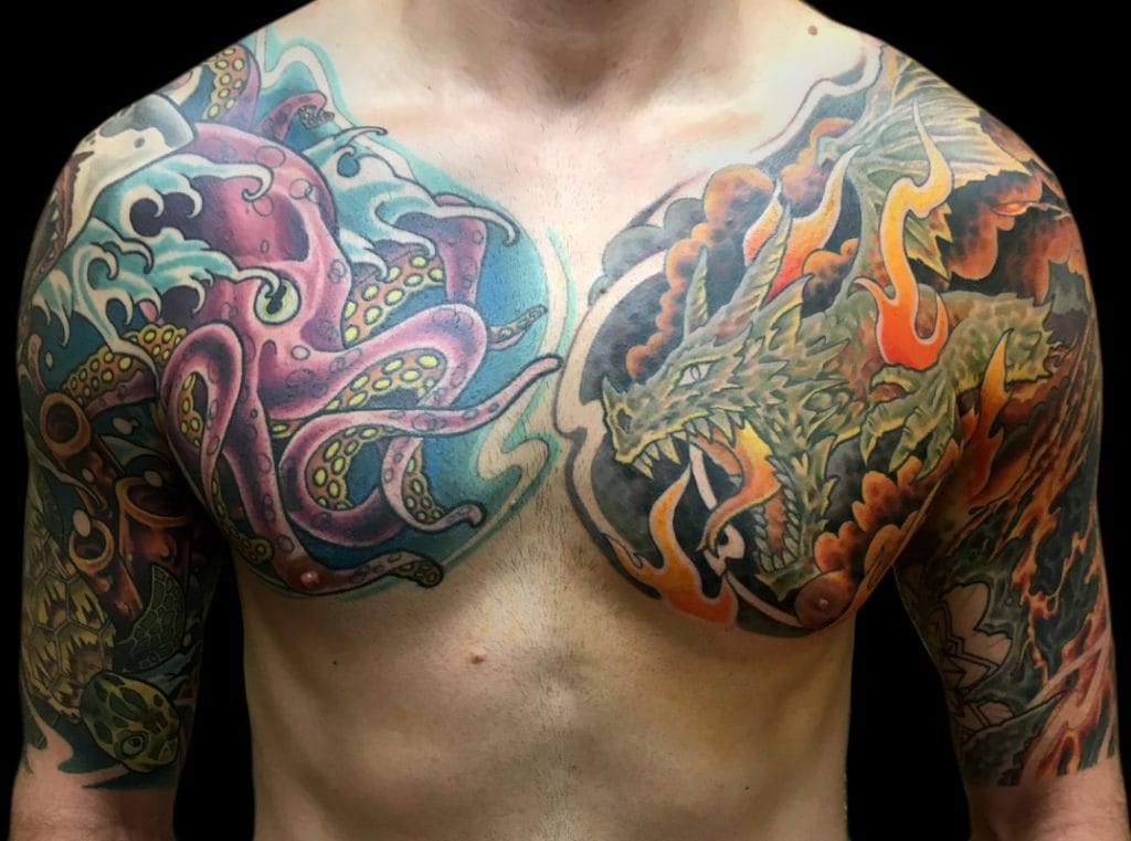 Colorful tattoos of an octopus on the left chest and a fierce dragon on the right chest.