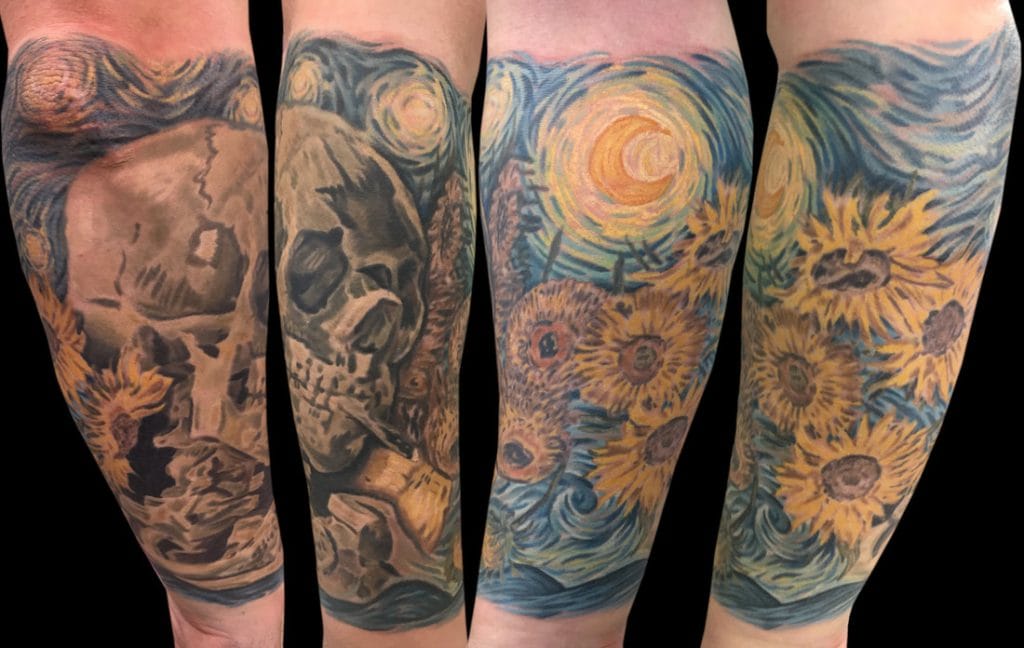 Colorful tattoo sleeves featuring skulls, a bear, sunflowers, and swirling sky scenes.