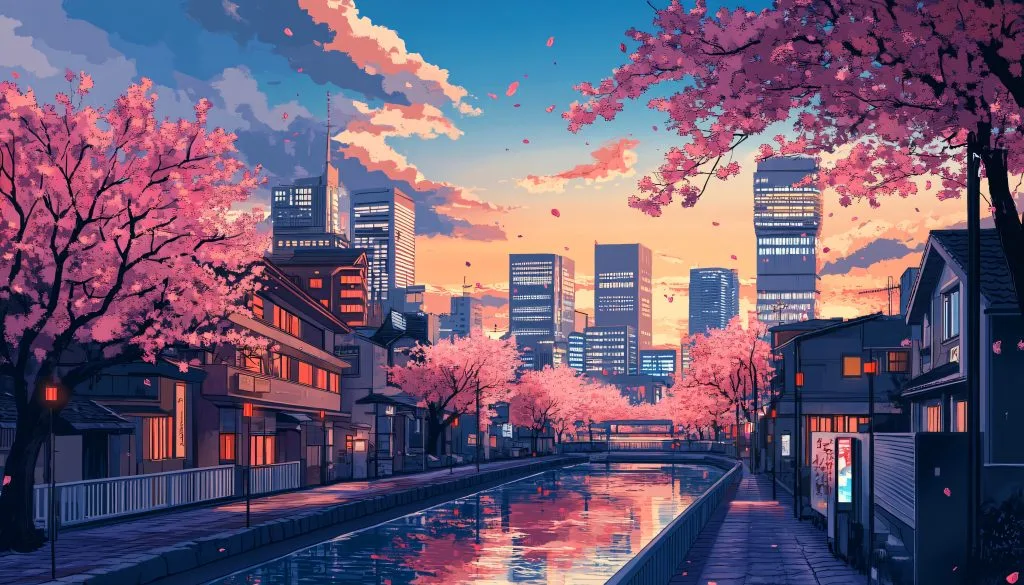 A canal lined with cherry blossom trees and traditional houses at sunset, petals falling into the water—an idyllic scene now inspiring 2025 tattoo trends and manga tattoo styles, blending timeless beauty with modern city skylines.