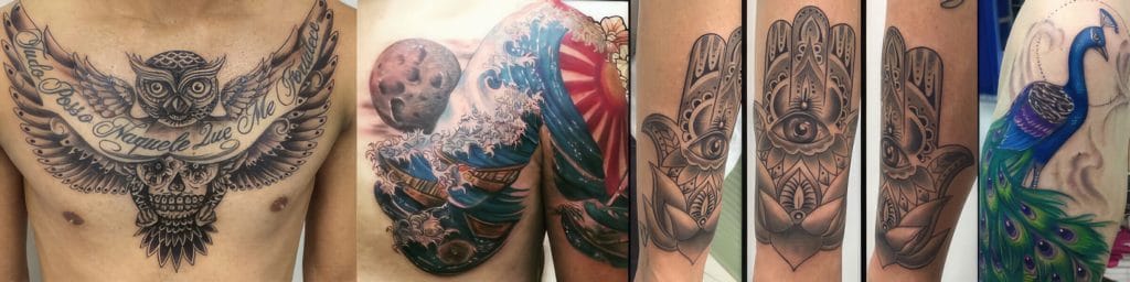 Various colorful tattoos including an owl with wings, ocean waves with a moon, and a peacock.