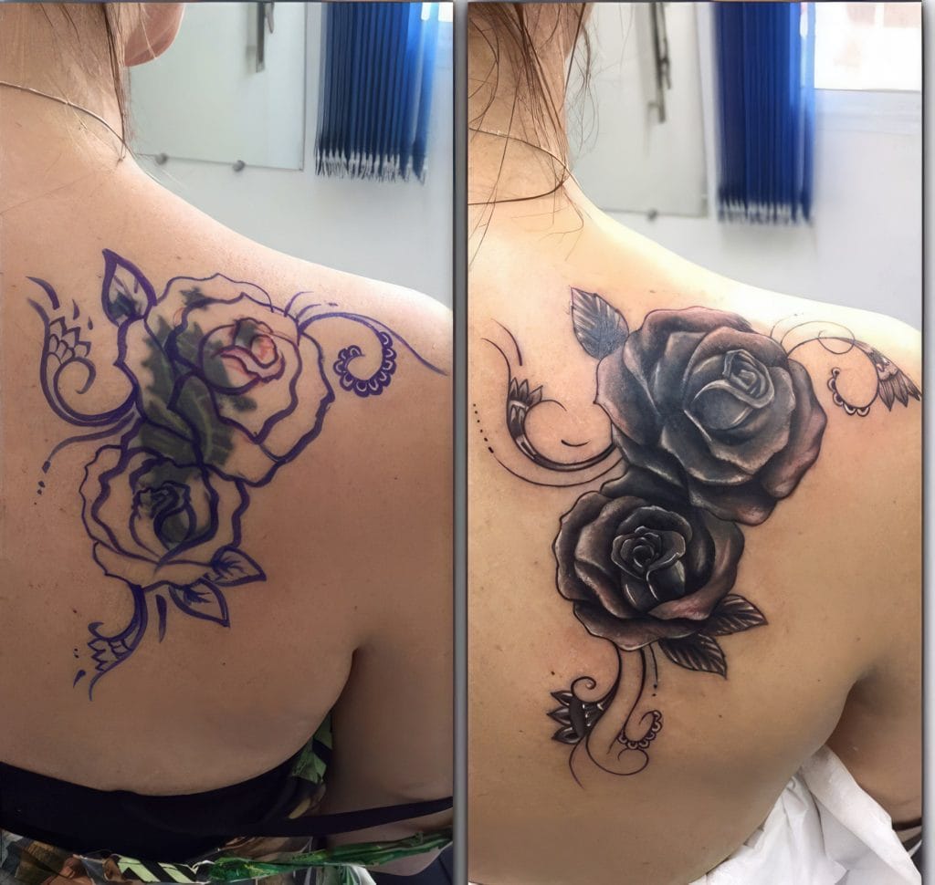 Comparison of a tattoo before and after shading, featuring black roses on a persons shoulder.