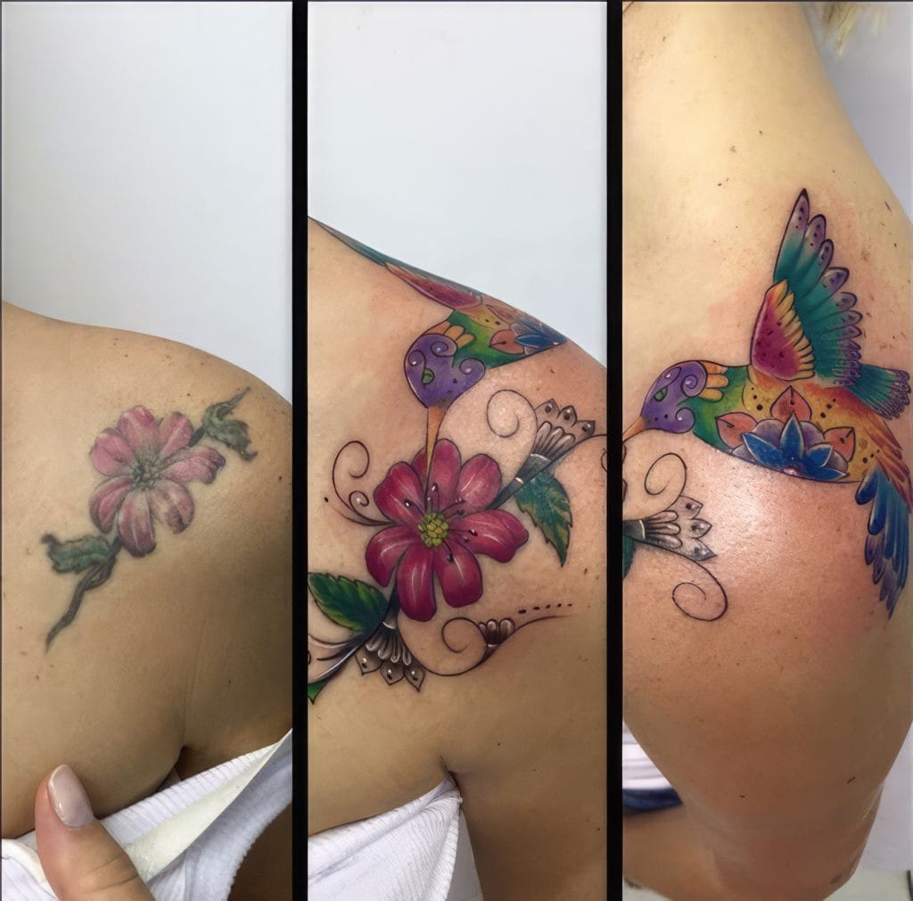 Colorful floral and butterfly tattoos on shoulder and upper arm.