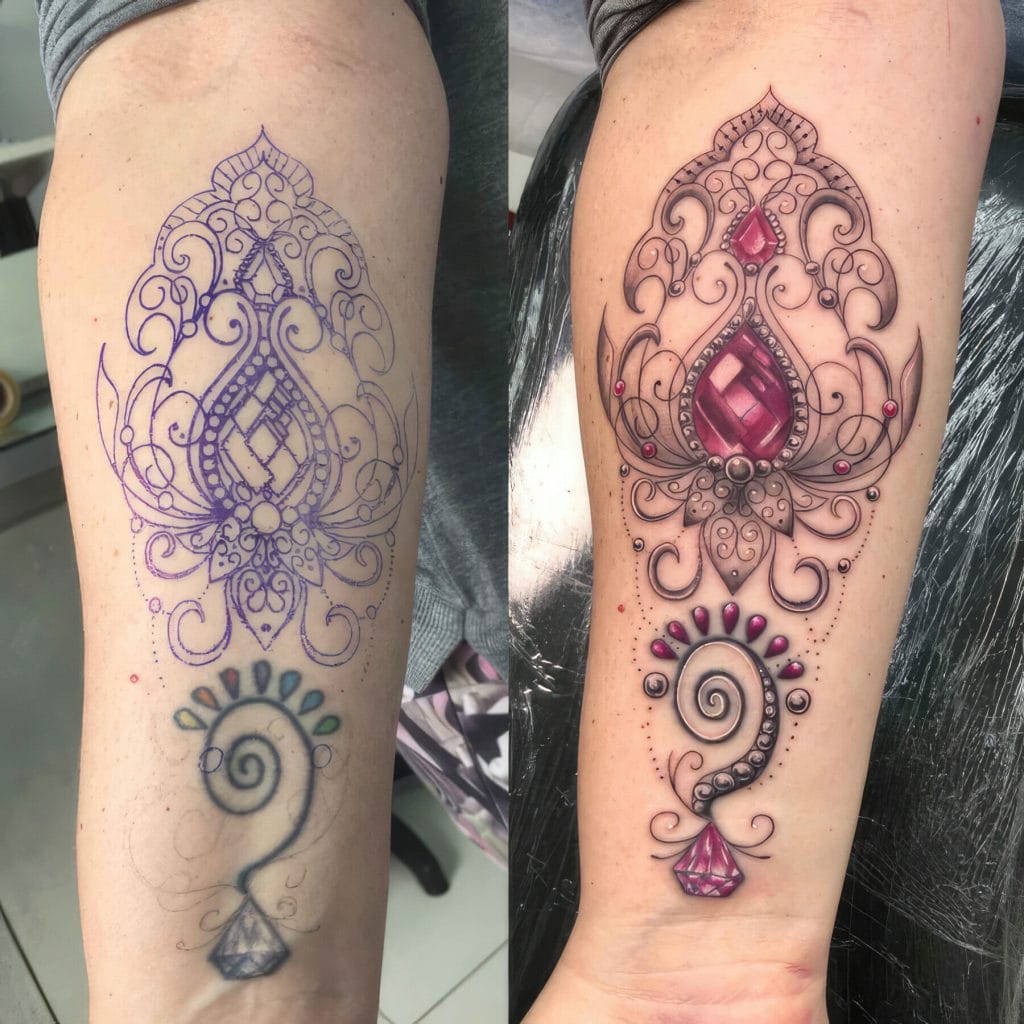 Progression of a detailed ornate tattoo design with pink gemstones and swirling patterns.