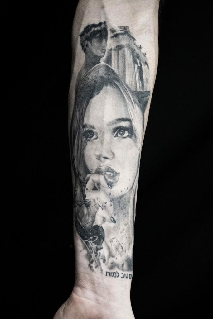 Realistic black and gray tattoo of a womans face, a man, and architectural elements.