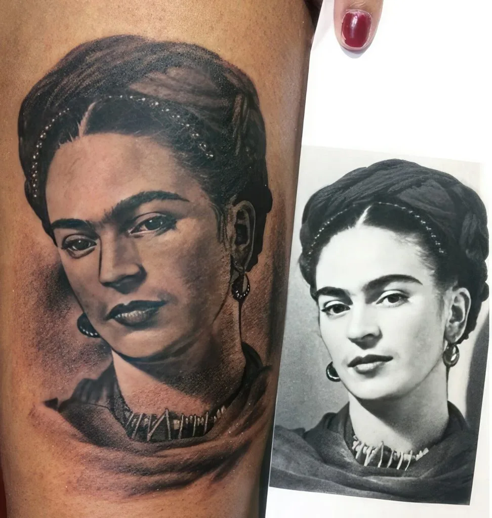 Tattoo of a woman with braided hair, earrings, and a necklace, next to a black-and-white photo of the same woman.