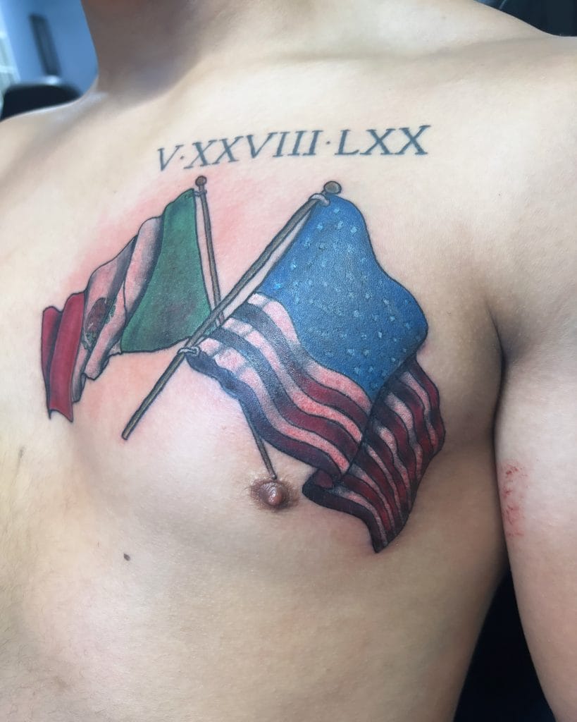 Tattoo of two crossed flags, one green and one blue with stars, with Roman numerals above.